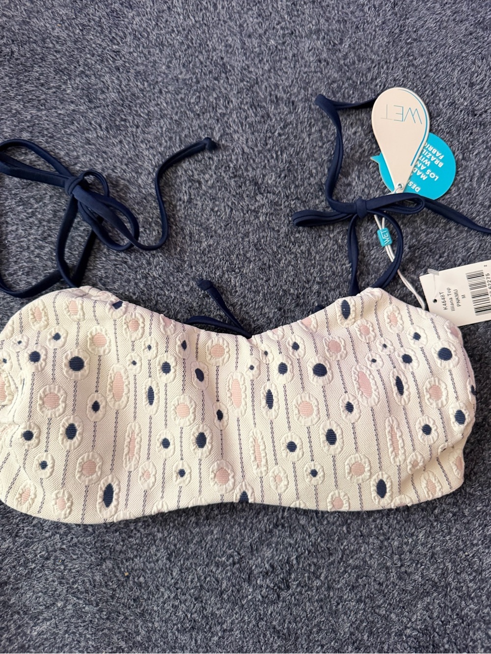 Wet Seal Cream Bikini Top with Navy and Pale Pink Embroidery